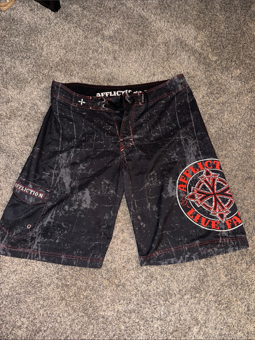 Mens Affliction Black Swim Board Shorts with Red Graphic Accent